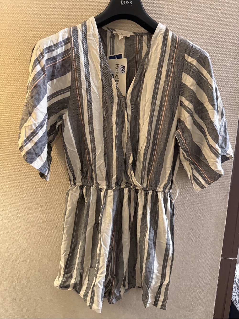 Rebellion Vertical Stripe V-Neck Short Sleeve jumpsuit- Gray, White & Tan
